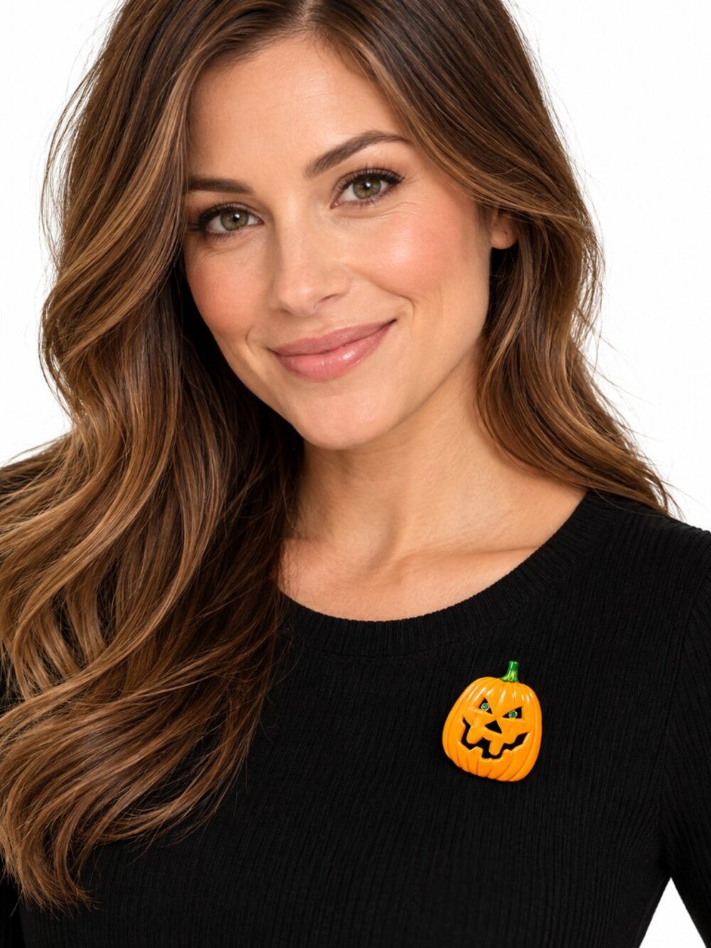 JJ Jack O Lantern Pumpkin Brooch Green Sparkle Eyes Halloween